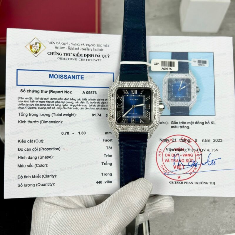 Cartier Santos Blue Dial Custom Moissanite Best Quality Replica