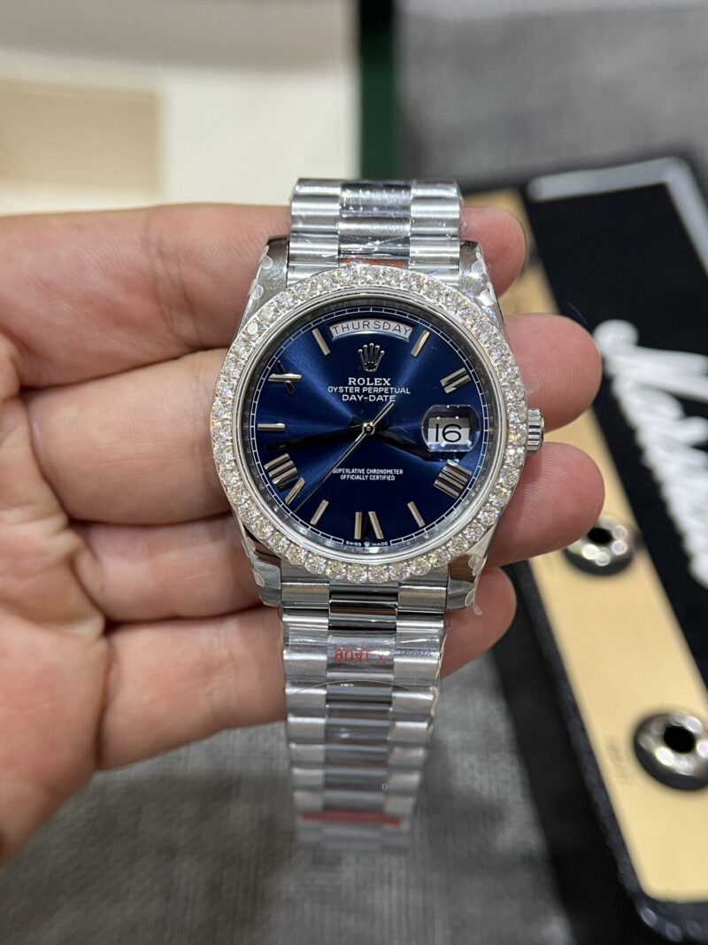 Rolex Day-Date 228236 Blue Dial Custom Moissanite Bezel